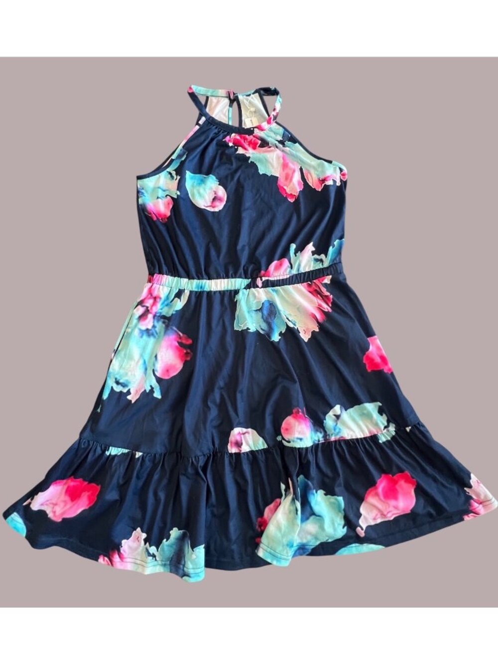 Newshows Sleeveless Floral Print Dress Navy Blue With Pink & Aqua Accents Size T